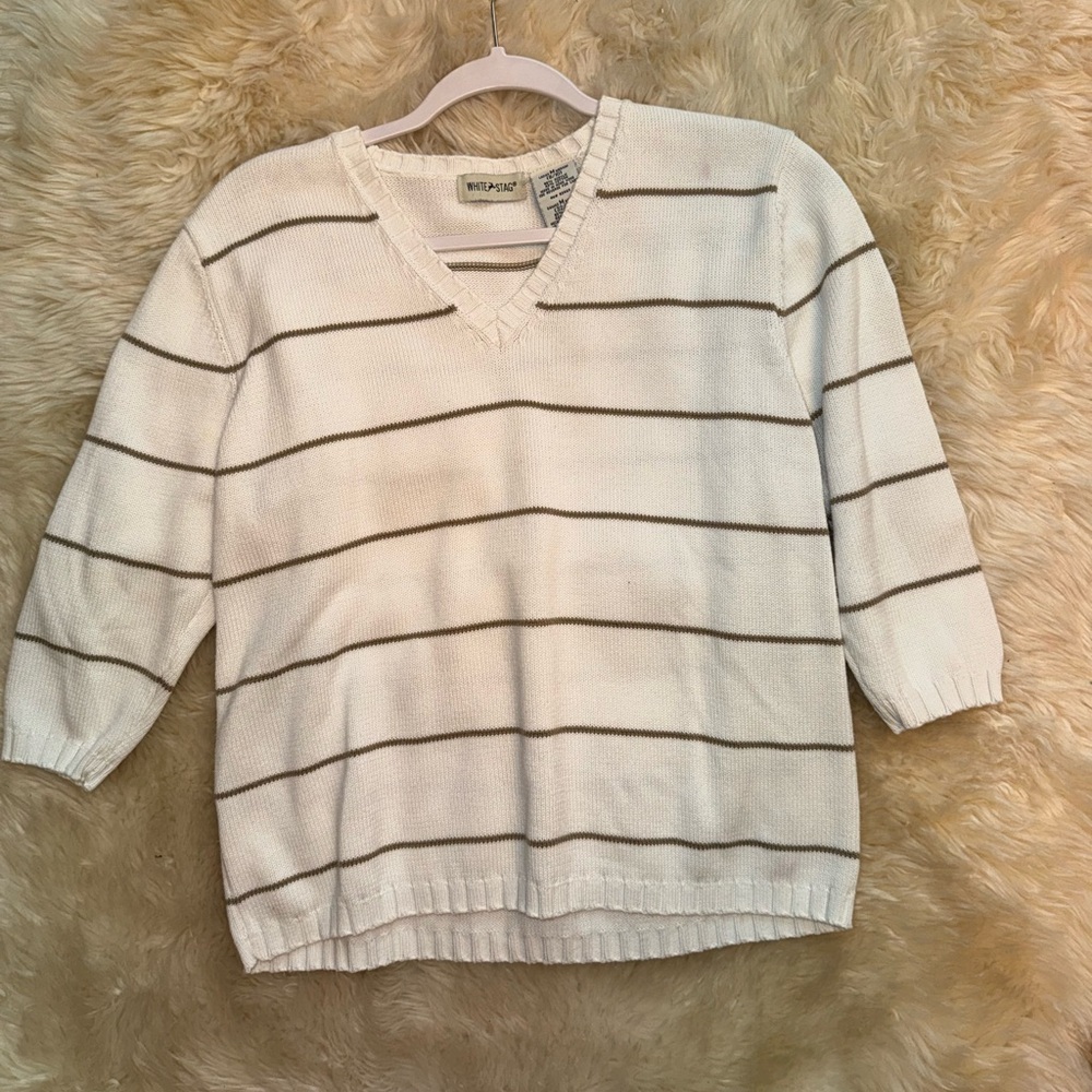 White and grey striped sweater